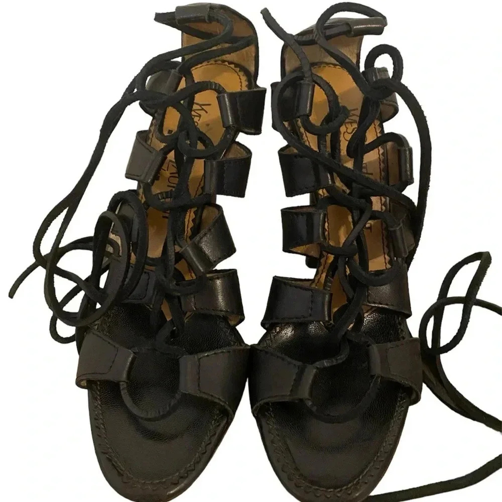 Yves Saint Laurent Black Leather Moorland Lace Up Gladiator Heels - Picture 4 of 14